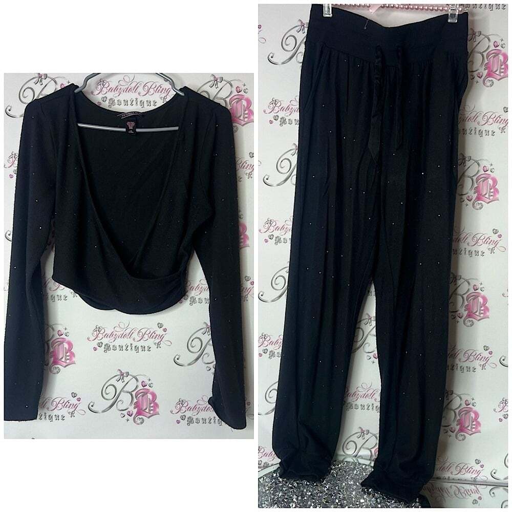 Victoria's Secret set 2 piece Black Top and bottoms rhinestone